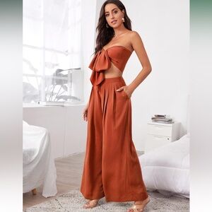 Two Piece Solid Tie Front Crop Tube Top & Wide Leg Pants